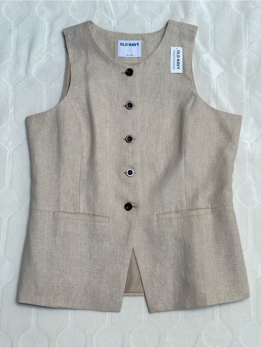 Old Navy Linen Blend Longline Vest Waistcoat Women L Beige Button Front NWT